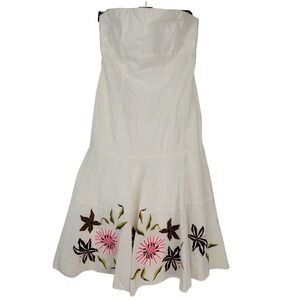 NEW Ruth VTG Y2K Strapless White Cotton Dress With Embroidered Floral Hem Size 6